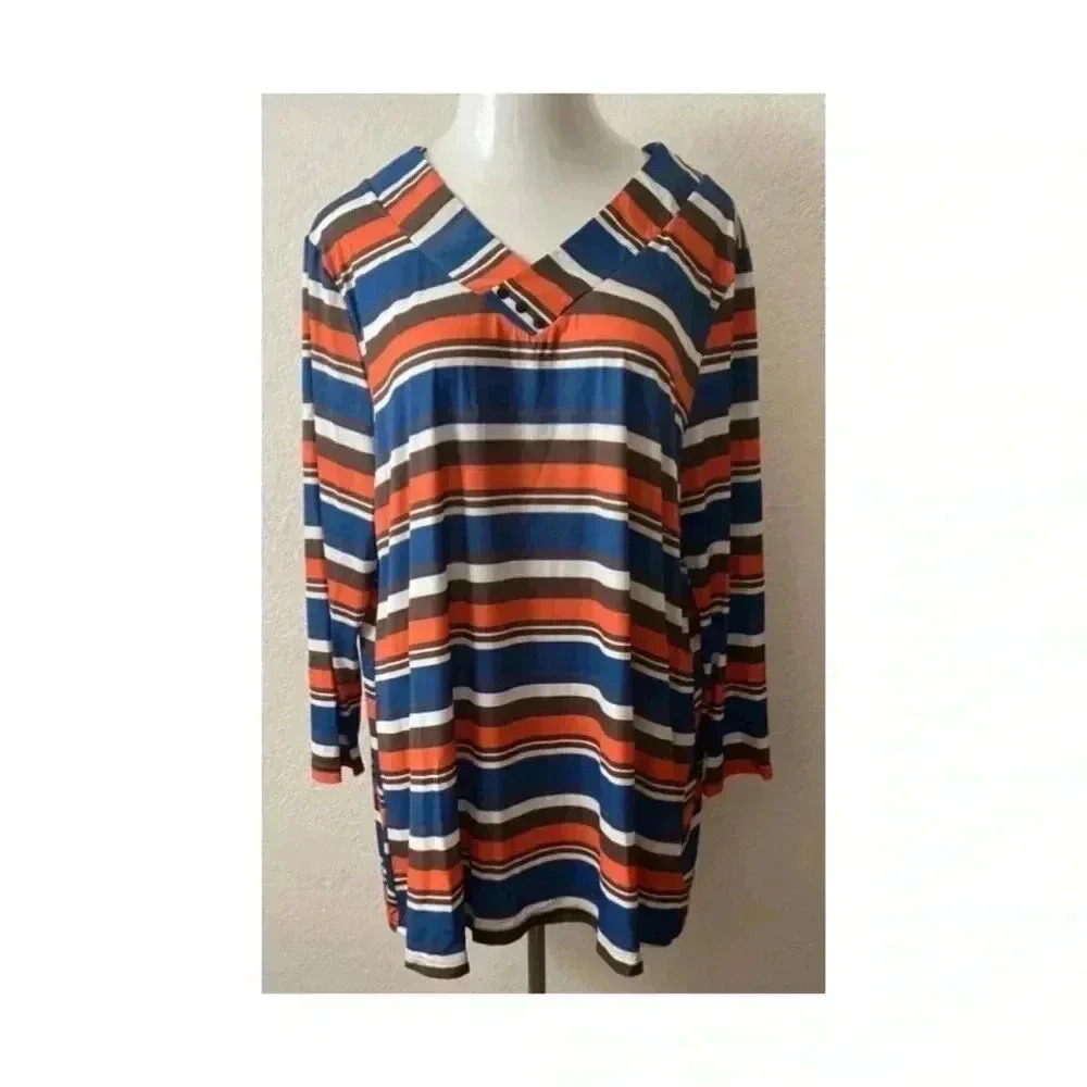 🆕Lily Plus-size Stripe V-Neck Botton Accent Long SleeveTunic 2X🆕